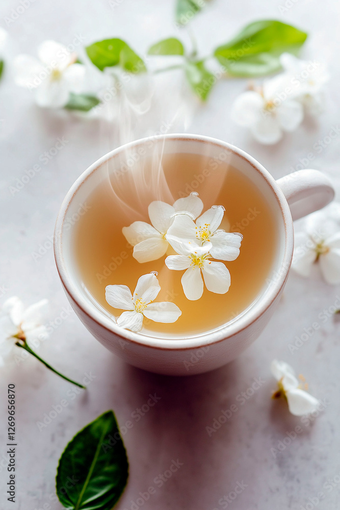 A steaming cup of jasmine tea with delicate white flowers floating on the surface, evoking warmth, relaxation, and natural elegance A steaming cup of jasmine tea with delicate white flowers floating on the surface, evoking warmth, relaxation, and natural elegance