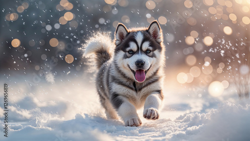 Bellissimo cucciolo di cane di razza Alaskan Malamute corre e gioca sulla neve fresca photo