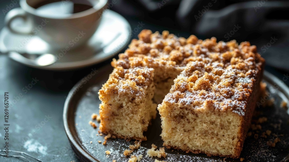 Close-Up of Moist Crumb Cake with Crumbly Topping and Coffee Close-Up of Moist Crumb Cake with Crumbly Topping and Coffee