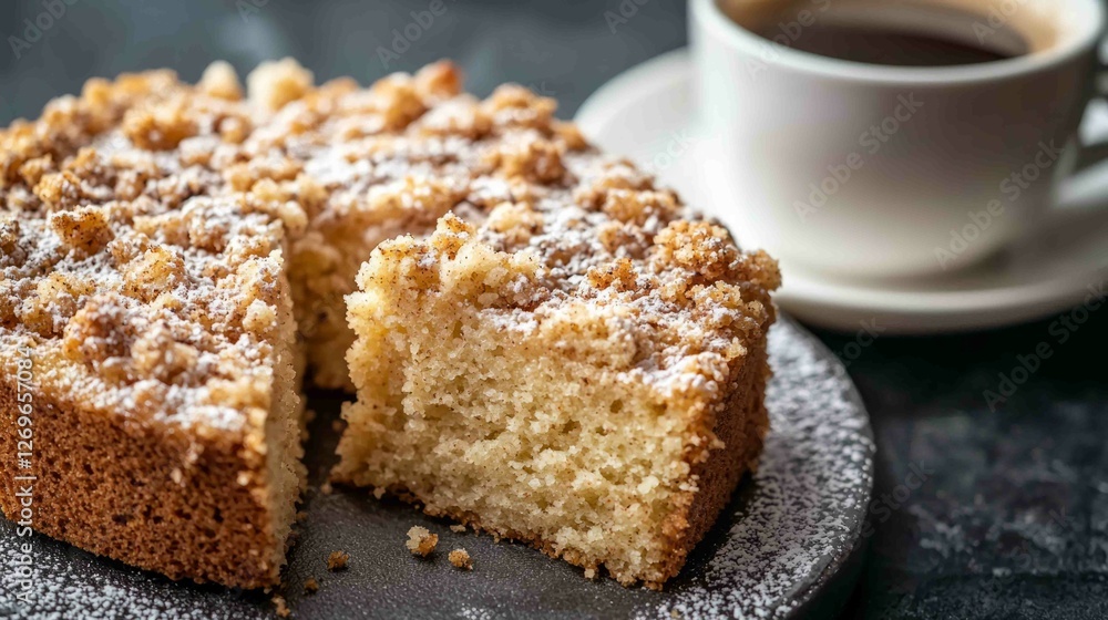 Close-Up of Moist Cake with Crumbly Topping and Coffee Cup