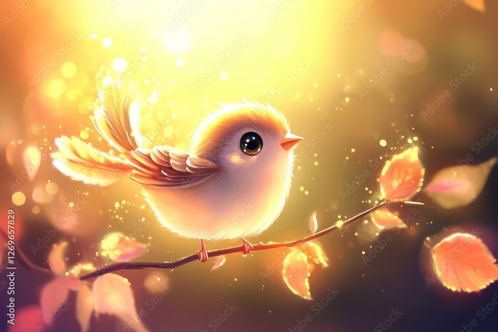 A delightful fairy bird sits gracefully on a slender branch, illuminated by golden sunlight A delightful fairy bird sits gracefully on a slender branch, illuminated by golden sunlight