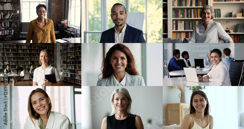 Foto Group of different age and ethnicity people staring at camera posing at home or workplace