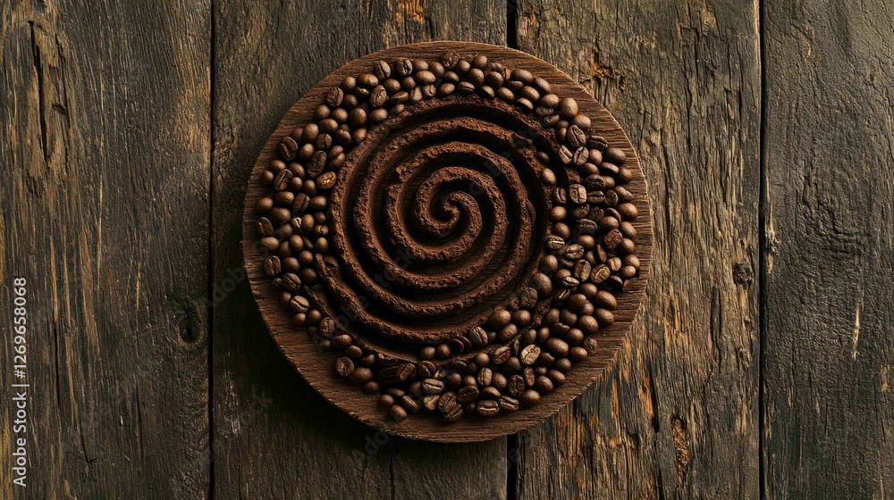 Close-Up of Dry Coffee Beans Arranged in Spiral on Wooden Surface Close-Up of Dry Coffee Beans Arranged in Spiral on Wooden Surface