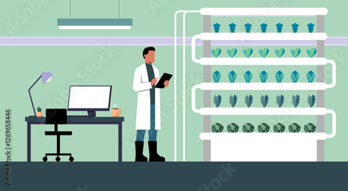 Scientist inspecting vertical farming racks with high tech hydroponic system, exploring sustainable agriculture, smart farming innovations, vector flat illustration design