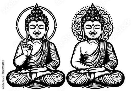 vector illustration of buddha statues in different meditation poses, set designs