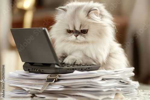 Fluffy Persian cat intently working on a laptop, surrounded by a stack of papers.