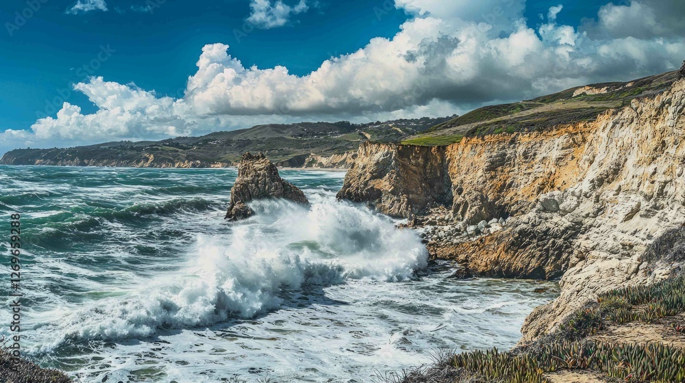 Dramatic Coastal Scene with Crashing Waves Against Cliffs