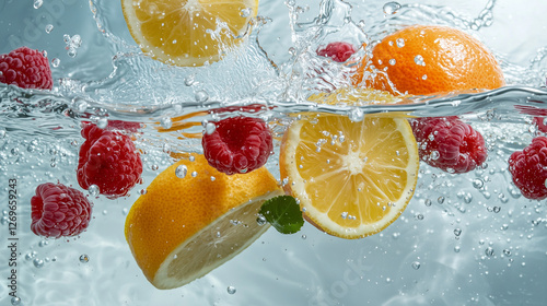 Citrus and berries falling into a bowl of water, splashes creating dynamic ripples around. photo