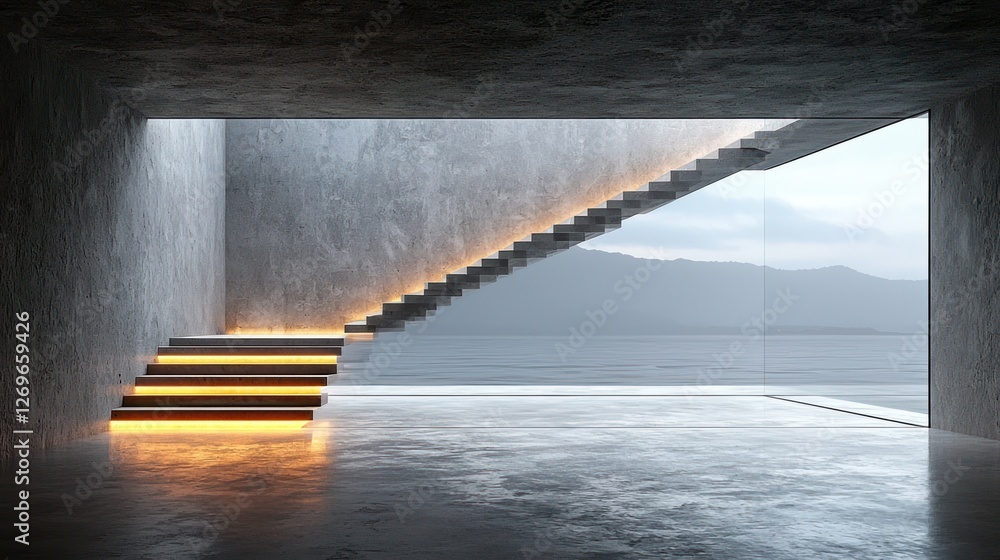 Obraz premium Modern concrete staircase, mountain view, minimalist interior, architectural design