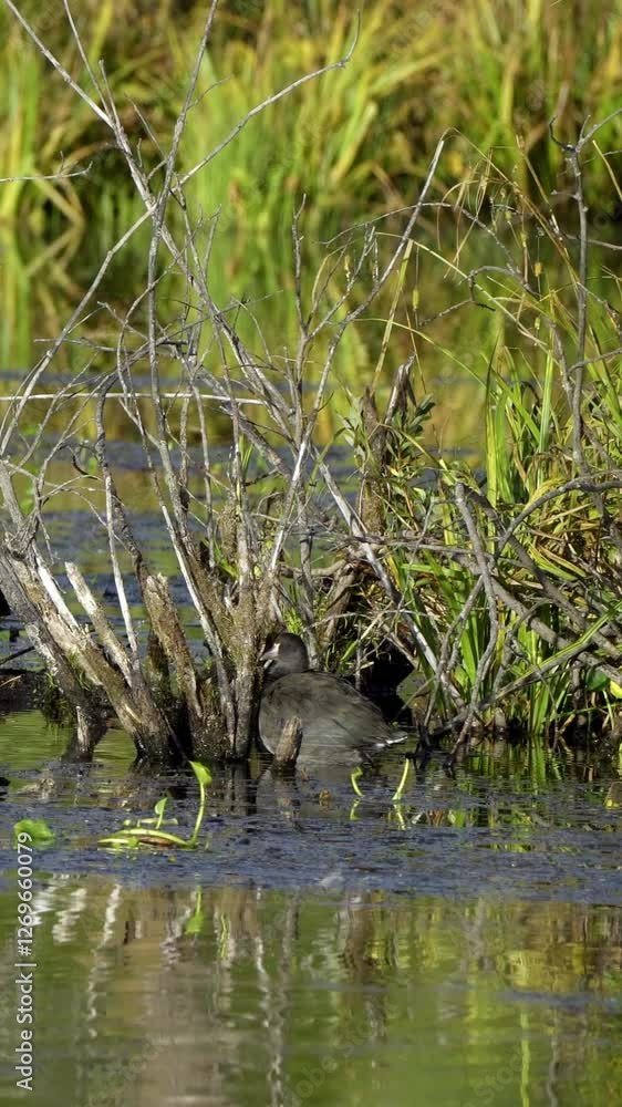 Vertical 4K video series featuring American Coots swimming and foraging on a lake in spring. Captures their natural behavior in a serene aquatic habitat. Perfect for nature and wildlife content. Vertical 4K video series featuring American Coots swimming and foraging on a lake in spring. Captures their natural behavior in a serene aquatic habitat. Perfect for nature and wildlife content.