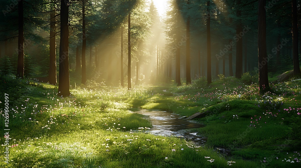 Fototapeta premium Sunlit forest path, stream, wildflowers, morning mist, nature backdrop.