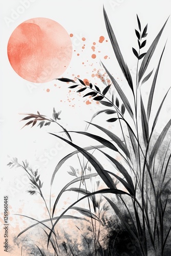 Gentle Whispers Airy Watercolor Design with Stylized Black Grass and Soft Pink Full Moon
