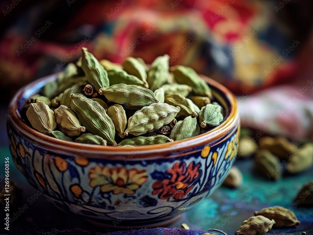 cardamom pods among other vibrant spices in a ceramic bowl, bringing out the greenness of the pods against the colorful backdrop