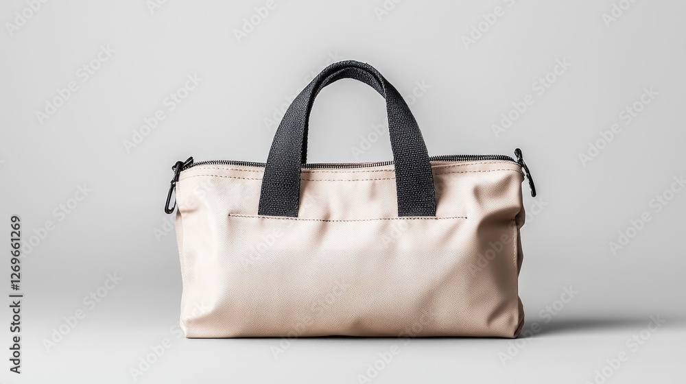 Beige duffel bag on grey background, studio shot, product photography Beige duffel bag on grey background, studio shot, product photography