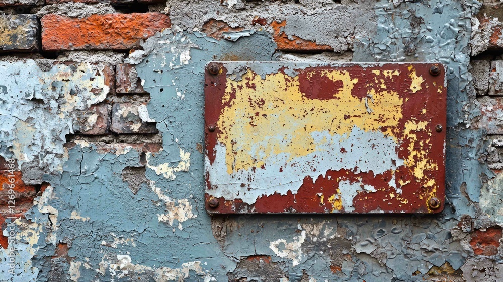 Naklejka premium Dented Metal Sign on Textured Wall with Peeling Paint and Rust