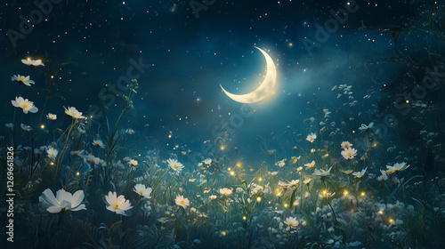 Serene night sky with a crescent moon and twinkling stars, illuminating a peaceful landscape with a glowing city in the distance.