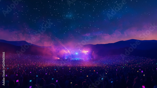 A lively concert crowd under a starry sky at a music festival, glowing with wristbands and stage lights, with a DJ in the spotlight