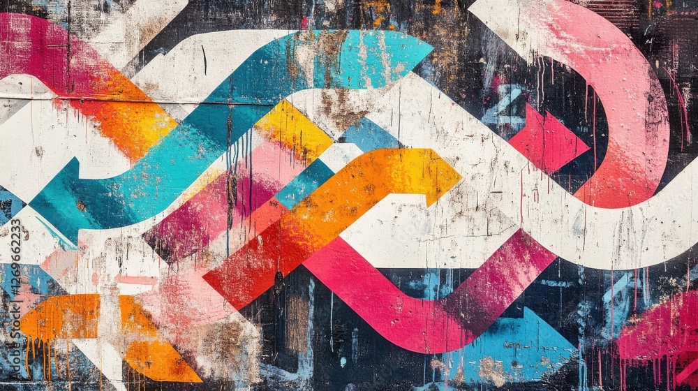 Fototapeta premium Expressive Street Art Pattern of Swirling Lines and Colors on Grungy Wall Texture, Urban Environment, Visual Content