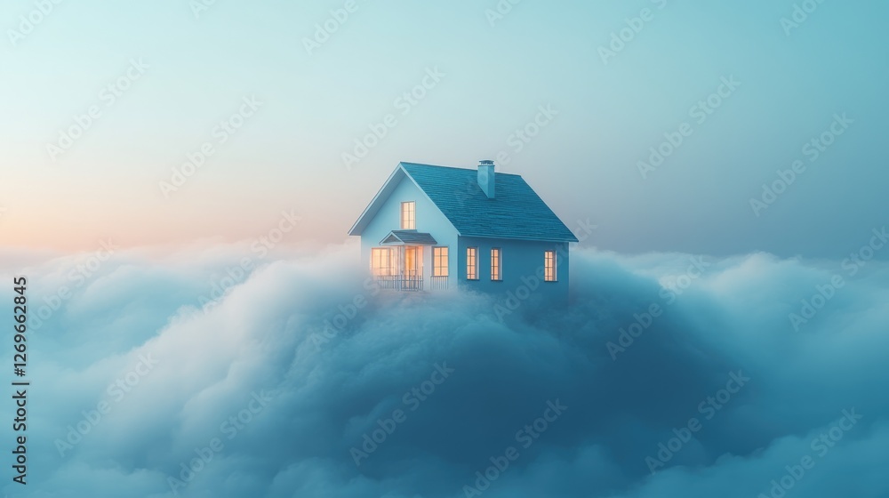 A surreal house floating among clouds at dawn, evoking a dreamlike atmosphere. A surreal house floating among clouds at dawn, evoking a dreamlike atmosphere.