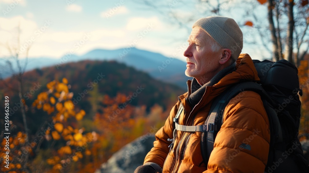 Man with backpack overlooking mountains Man with backpack overlooking mountains