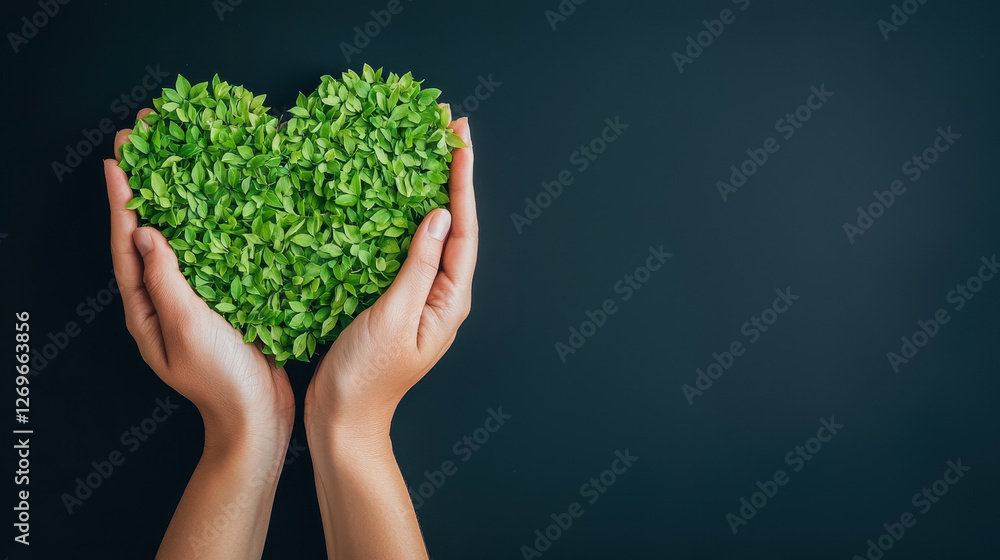 Hands gently holding heart shape made of green leaves, symbolizing love for nature and sustainability Hands gently holding heart shape made of green leaves, symbolizing love for nature and sustainability