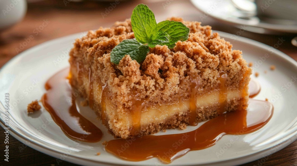 Rich Crumb Cake with Topping and Caramel Drizzle on White Plate Rich Crumb Cake with Topping and Caramel Drizzle on White Plate