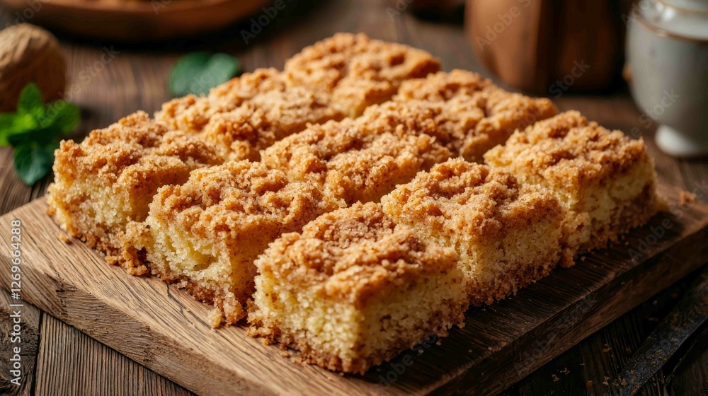 Thick Buttery Crumb Cake with Tasty Crumble Topping on Wood