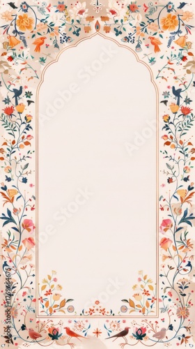 Traditional Indian Mughal art inspired Wedding Card Design, Invitation template.
