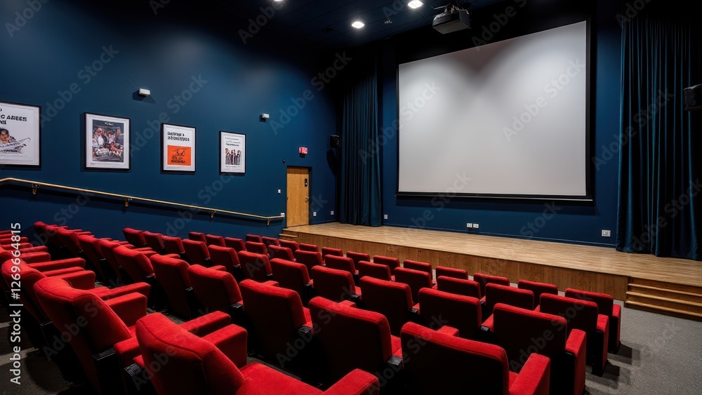 Career fair, Auditorium with career posters empty chairs a stage and a screen for presentations clear and detailed. Career fair, Auditorium with career posters empty chairs a stage and a screen for presentations clear and detailed.
