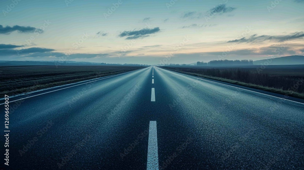 Fototapeta premium Deserted Highway with Dark Freshly Laid Asphalt at Dusk