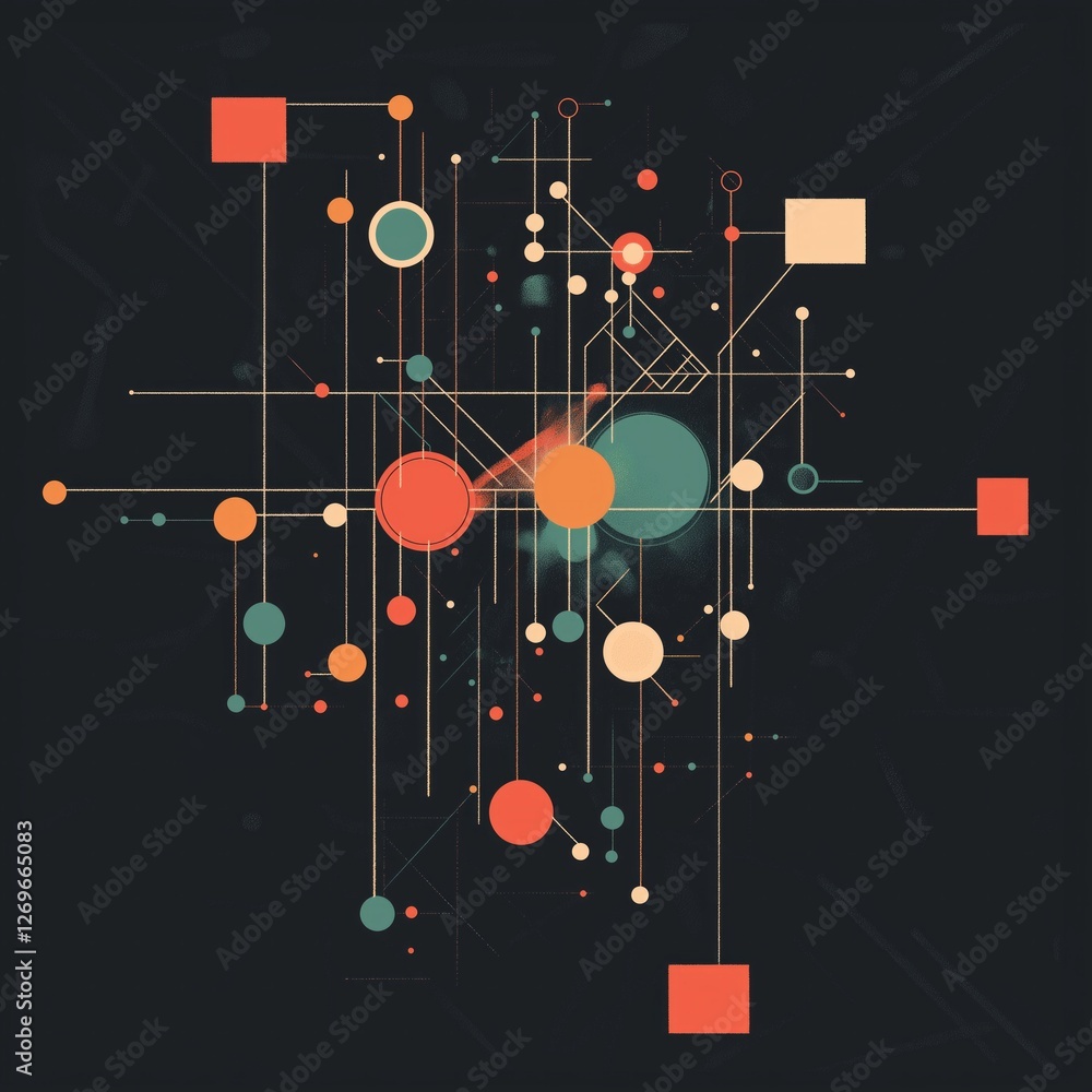 Geometric abstract art with colorful circles and lines on dark background Geometric abstract art with colorful circles and lines on dark background