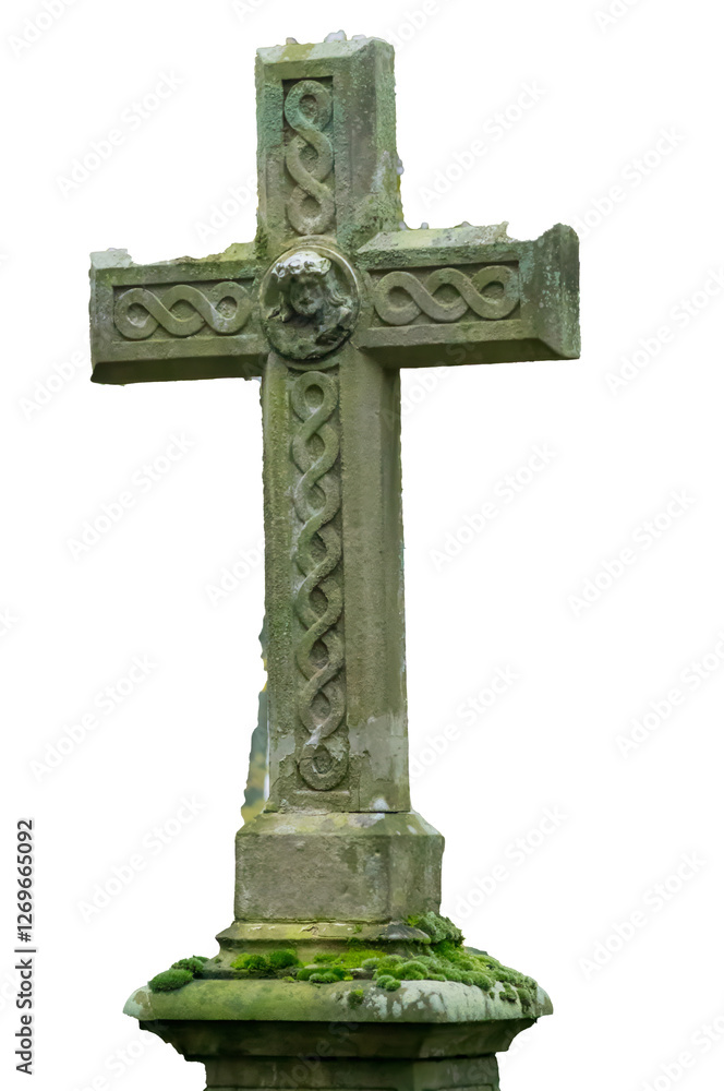 Stone cross standing in cemetery representing faith and remembrance