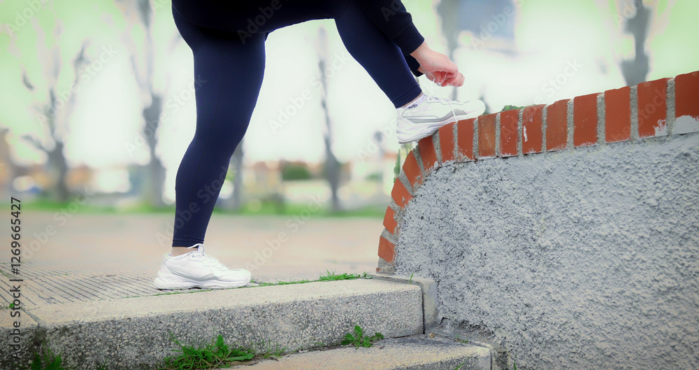 Curvy latina woman tying shoelaces before exercising outdoors