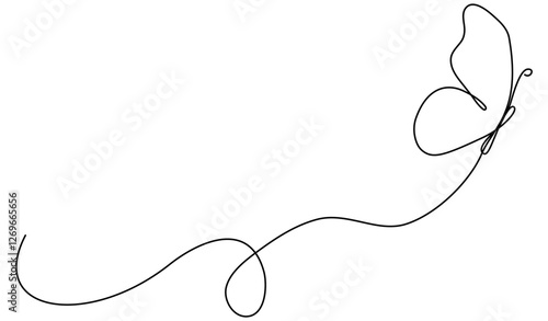 Butterfly flying continuous line art drawing. Cute butterfly insect with curve line. Vector illustration isolated on white.