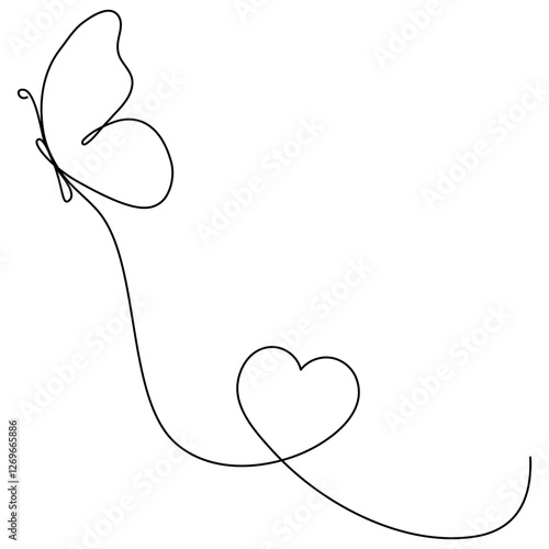 Cute butterfly insect with curve line and heart shape. Butterfly flying continuous line art drawing. Vector illustration isolated on white.