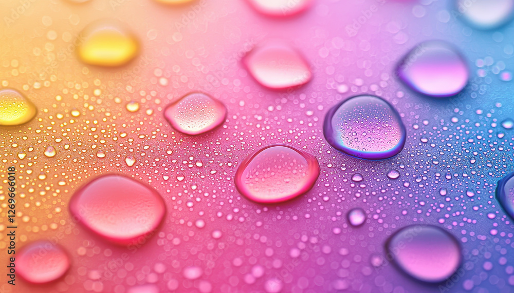 Close up of water droplets on vibrant multicolored background, creating mesmerizing effect Close up of water droplets on vibrant multicolored background, creating mesmerizing effect