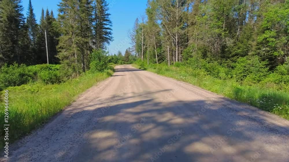 Scenic drive travel by car, back plate, passenger view POV. Gravel dirt road in cottage country. Family vacation travel in RV, holiday and adventure trip in Motorized motorhome, Canada. Scenic drive travel by car, back plate, passenger view POV. Gravel dirt road in cottage country. Family vacation travel in RV, holiday and adventure trip in Motorized motorhome, Canada.