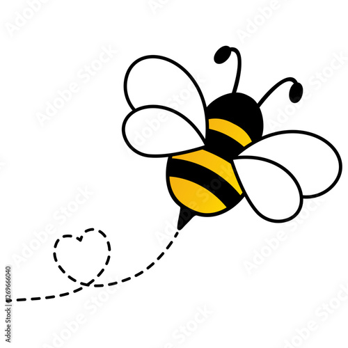 Cute bee flying on dotted route. Busy insect path with heart shape. Vector illustration isolated on white.