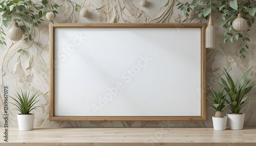 empty room with a picture frame.  frame on the wall with a green plant