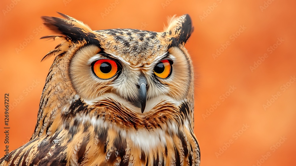 Close-up portrait of a majestic owl with intense orange eyes against a blurred orange background. (1) Close-up portrait of a majestic owl with intense orange eyes against a blurred orange background. (1)
