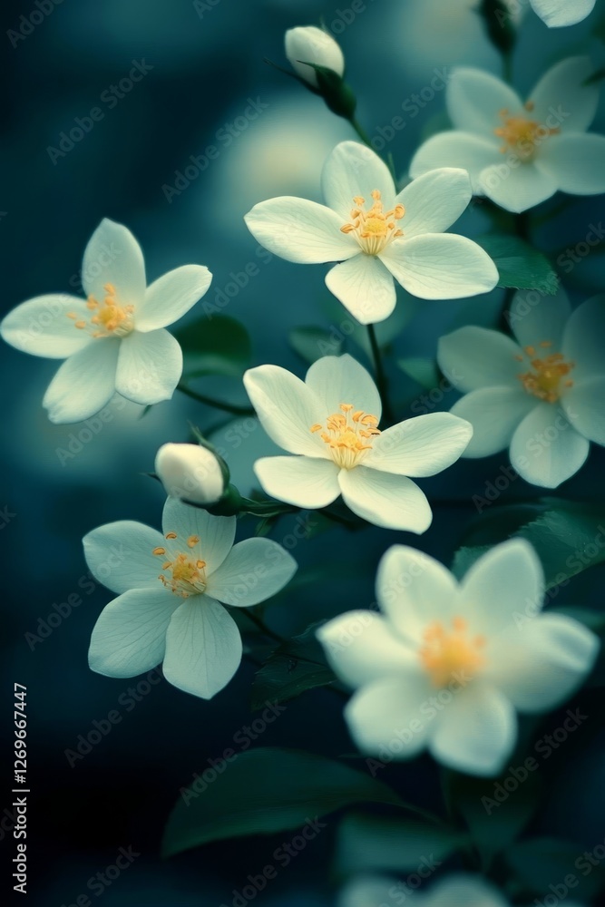 Obraz premium White Flowers, Yellow Stamens, Green Foliage, Blue Background, Soft Light, Nature Photography