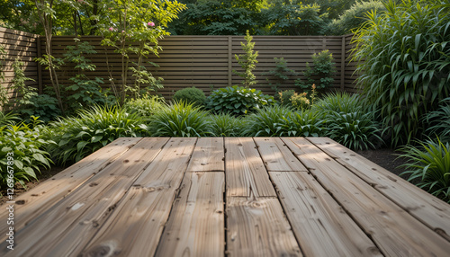 Wooden Deck with Green Backdrop Rustic Garden Floor Texture Natural Wooden Surface Outdoors, Outdoor Deck with Foliage, Minimal Garden Deck Scene, Weathered Wood Floor in Garden