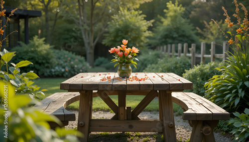 Wooden Deck with Green Backdrop Rustic Garden Floor Texture Natural Wooden Surface Outdoors, Outdoor Deck with Foliage, Minimal Garden Deck Scene, Weathered Wood Floor in Garden