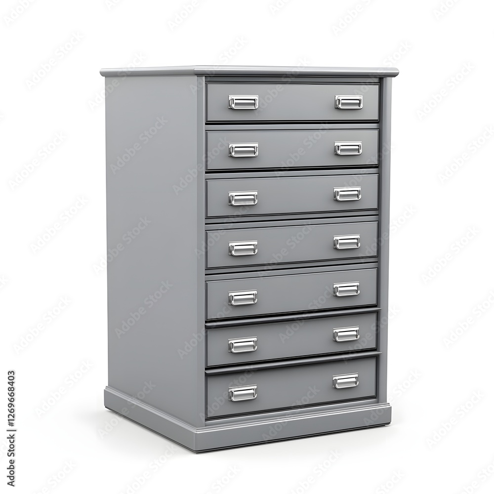 Gray Metallic Filing Cabinet with Multiple Drawers Isolated on White Background Gray Metallic Filing Cabinet with Multiple Drawers Isolated on White Background
