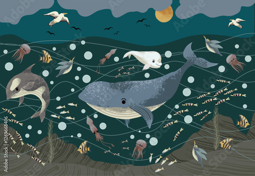 Underwater life mural for kids with sea animals. Vector.