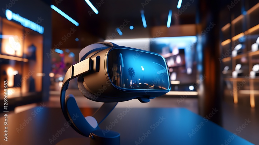 Depict a virtual reality shopping experience where customers can explore products in a 3D environment Depict a virtual reality shopping experience where customers can explore products in a 3D environment