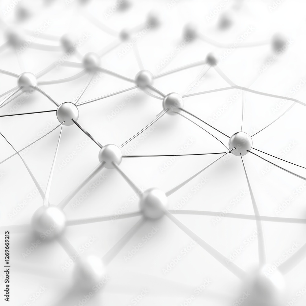 Abstract molecular network with interconnected white spheres on light background