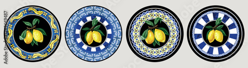 Design plate with lemons and blue ornament. Vector.