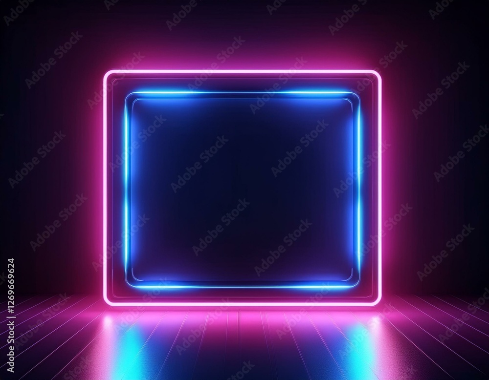 3d render, abstract neon background with square frame. Performance stage decoration illuminated with ultraviolet light. 3d render, abstract neon background with square frame. Performance stage decoration illuminated with ultraviolet light.