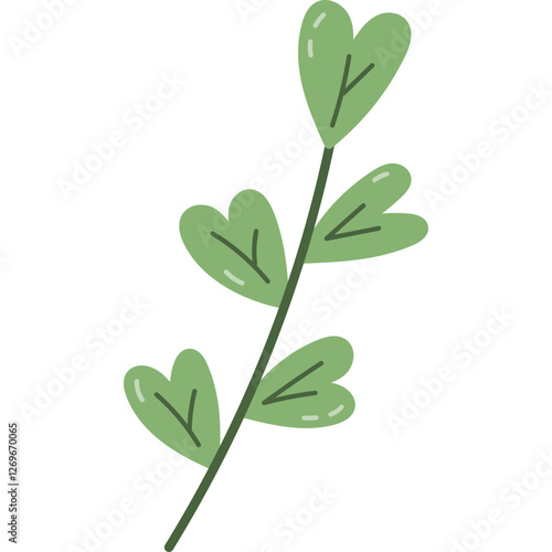 Lovely cartoon stem with leaves in the shape of hearts. Cute hand drawn growing plant element for design, decoration, poster, greeting card, banner. Springtime clipart isolated on white background